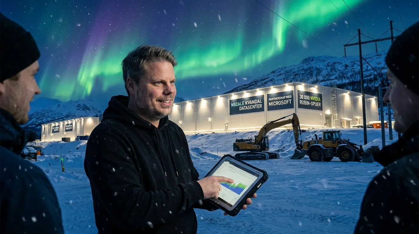 Mann i hettegenser foran massivt AI-datasenter i arktisk Narvik-landskap med nordlys