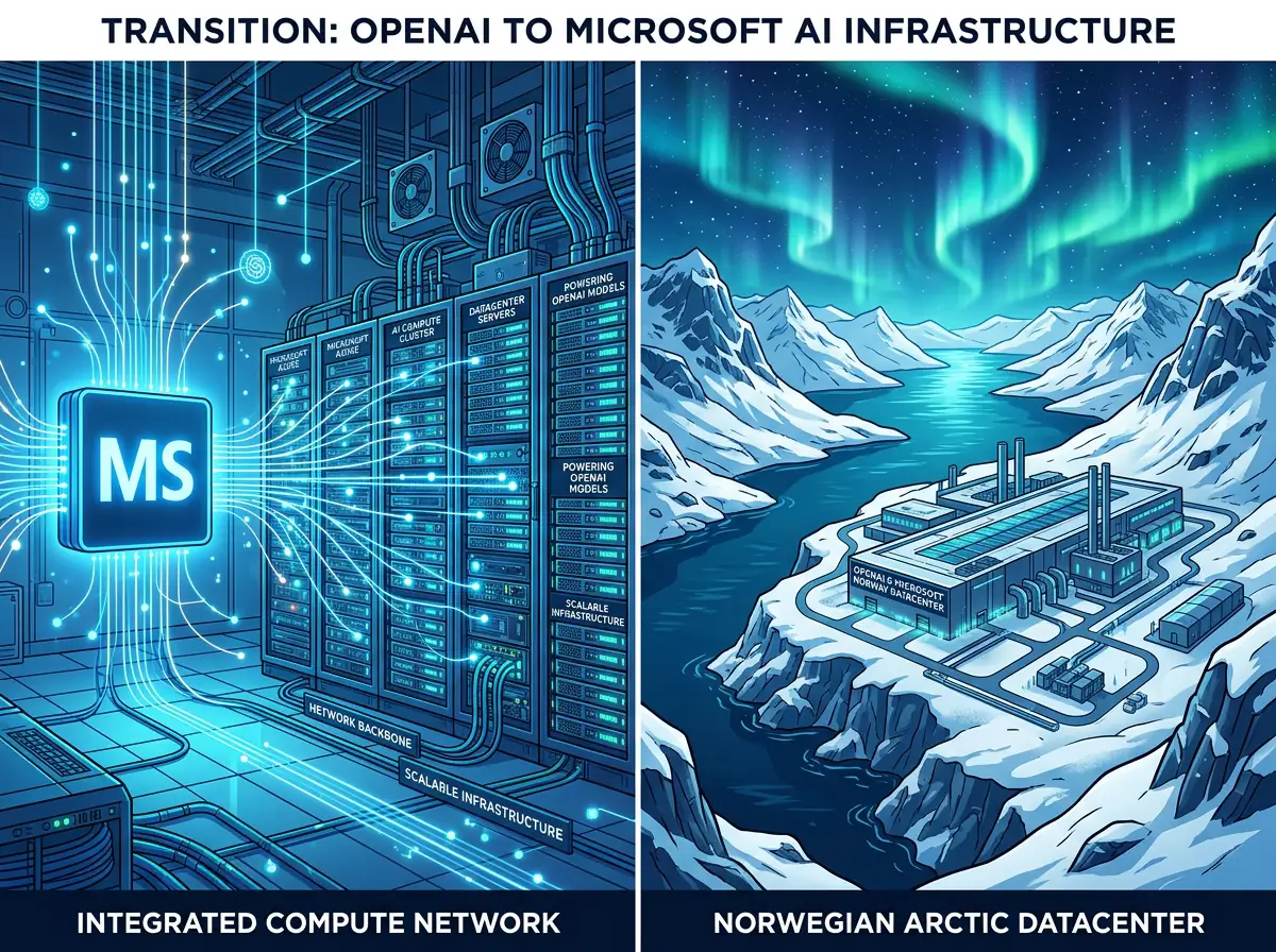 Illustrasjon av Microsoft som overtar OpenAIs plass i Nscale Narvik-datasenteret i arktisk fjordlandskap