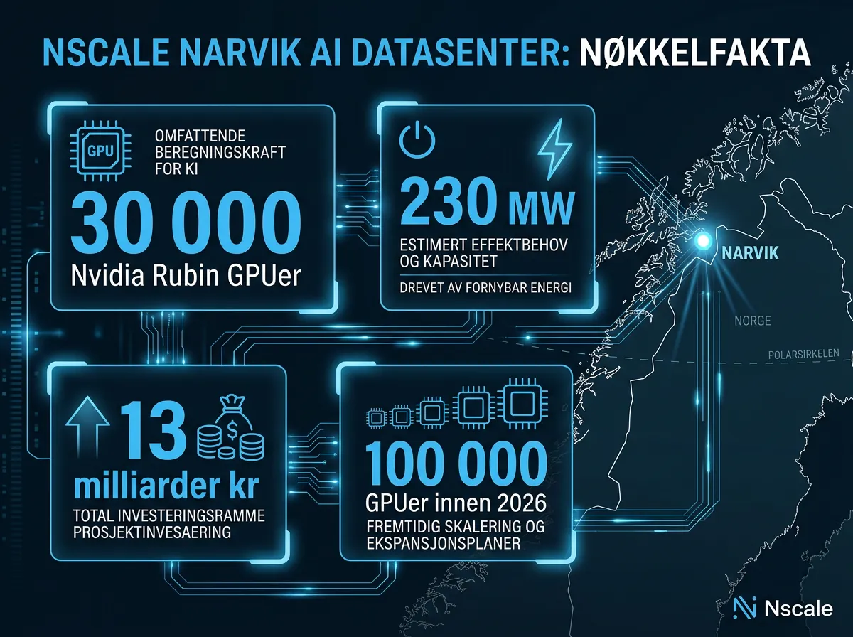 Infographic med nøkkeltall for Nscale Narvik-anlegget: 30 000 GPUer, 230 MW, 13 milliarder kroner