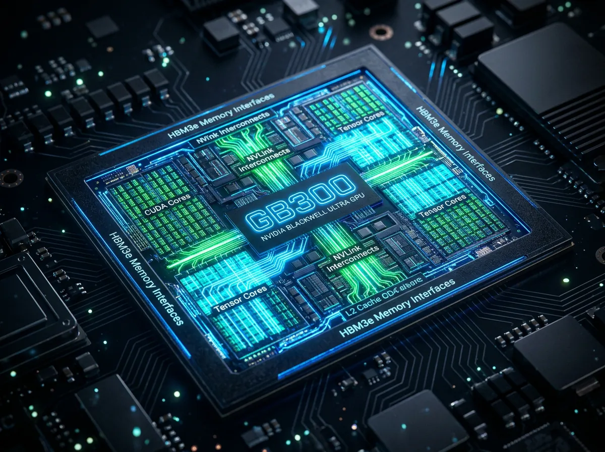 Nvidia GB300 Blackwell Ultra GPU-brikke med glødende kretsbaner og blå neon-effekter i makro-perspektiv