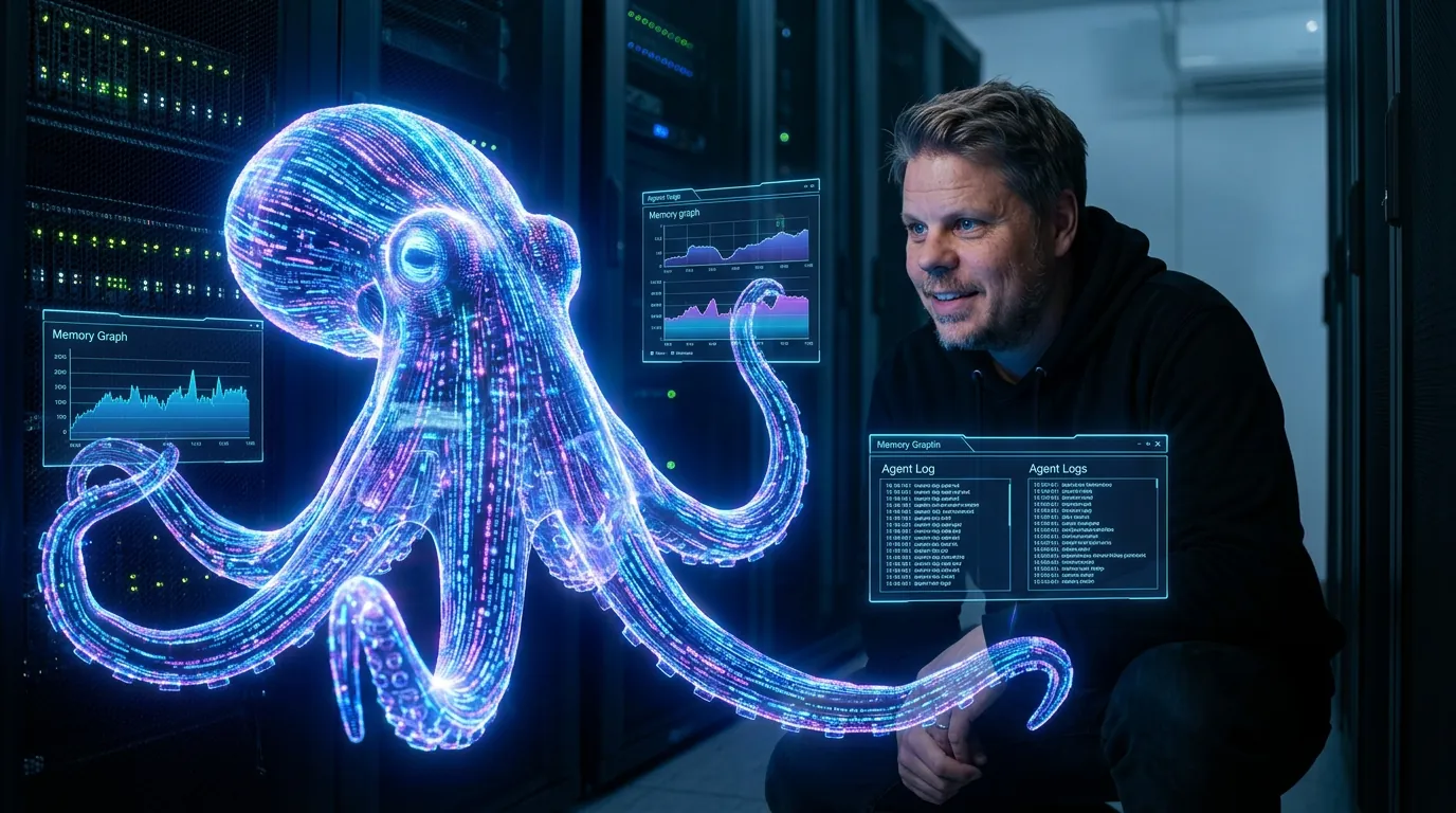 Jan Sverre ved siden av en lysende data-blekksprut i et serverrom som symboliserer Octopoda minnelag for AI-agenter