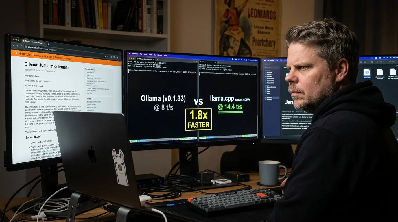 Mann i hettegenser studerer ytelsessammenligning mellom Ollama og llama.cpp på terminal-skjerm i mørkt hjemmekontor