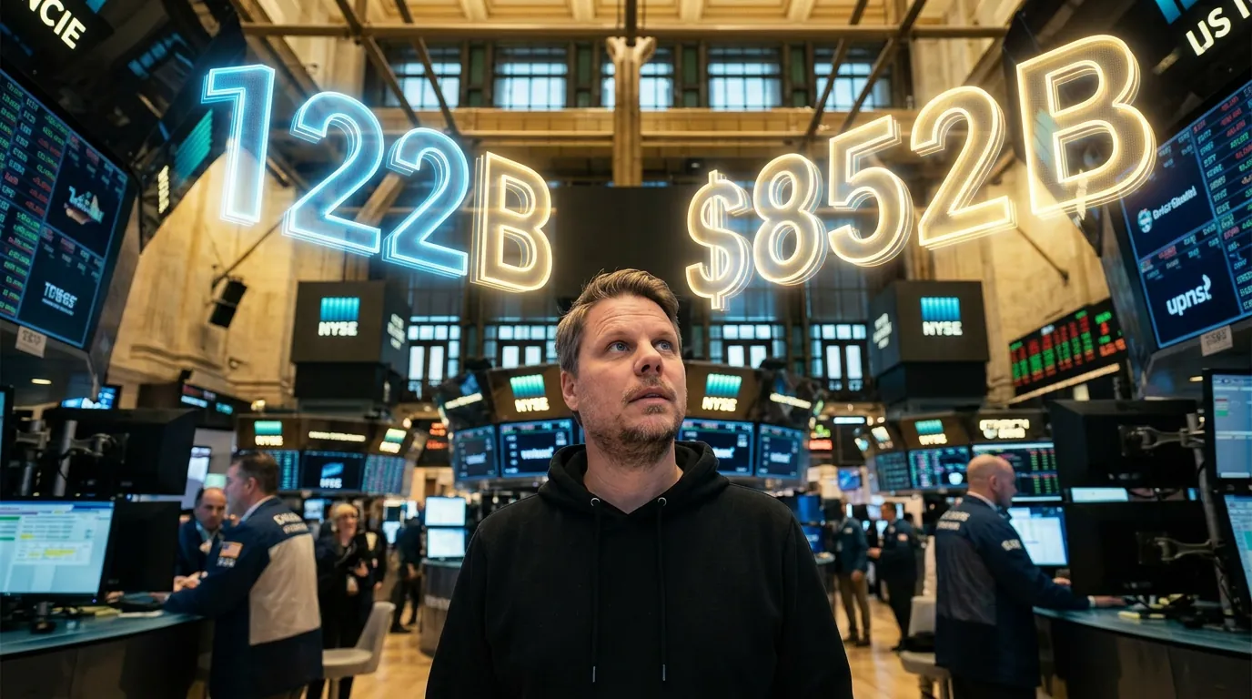 Jan Sverre ser på holograms som viser OpenAIs 122 milliarder dollar funding-runde og 852 milliarder dollar verdivurdering på et handelsgulv