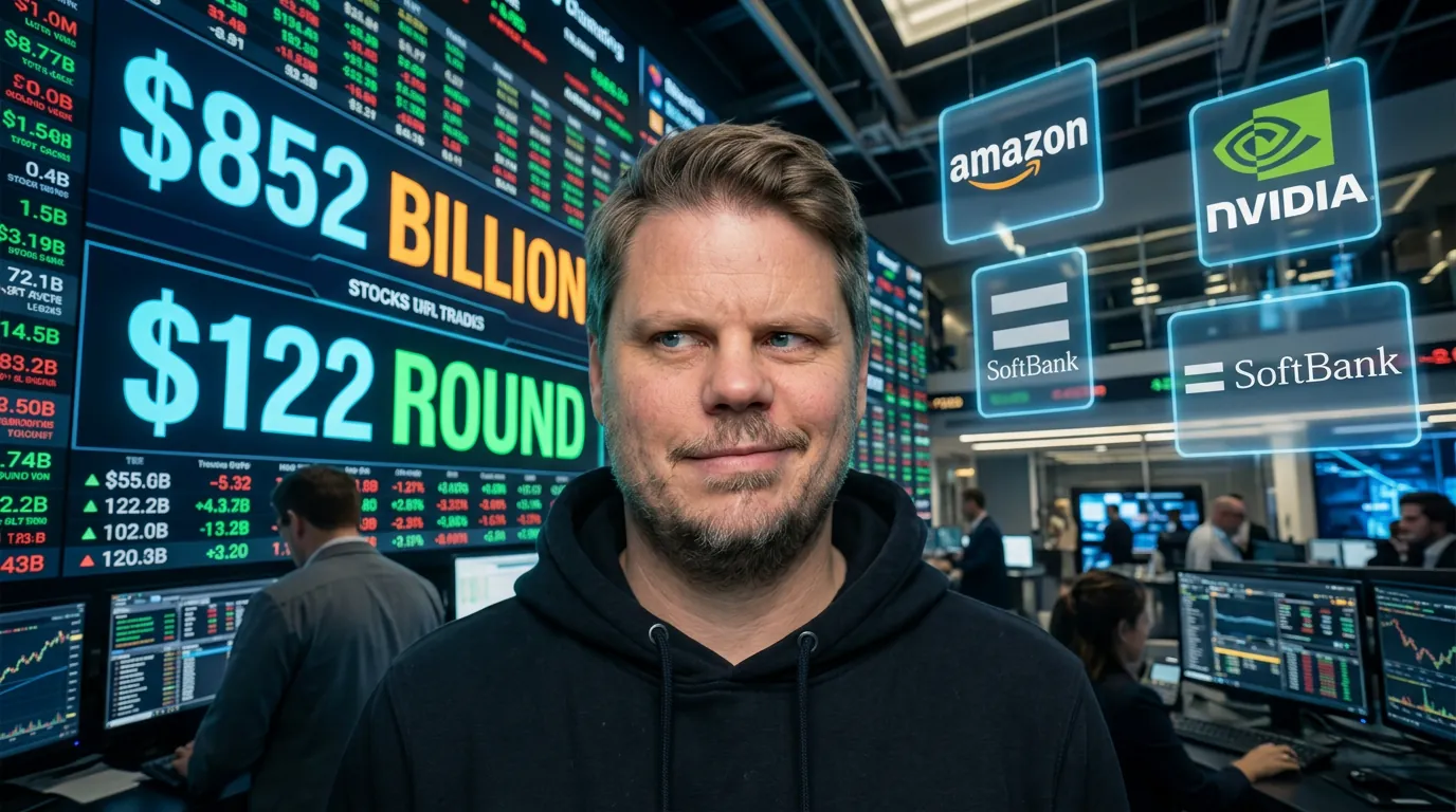 Jan Sverre foran digitalt display som viser OpenAIs 852 milliarder dollar verdsettelse og 122 milliarder dollar finansieringsrunde