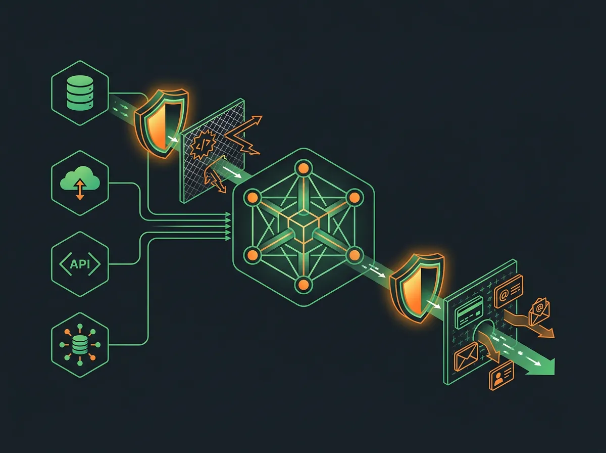 Infografikkillustrasjon av AI-agent pipeline med guardrails-sikkerhetslag og MCP-verktøyintegrasjon