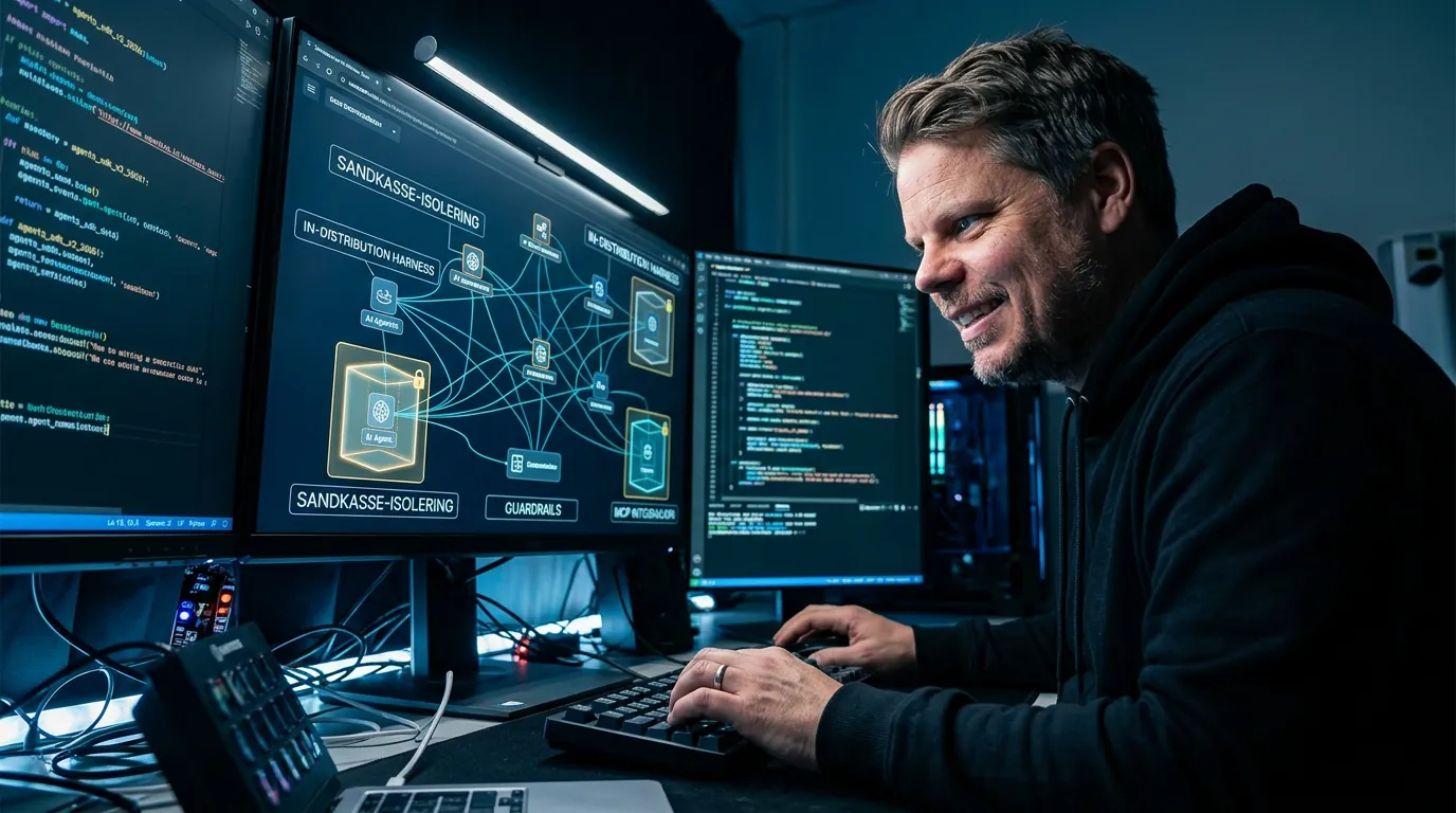 Jan Sverre jobber ved stor skjerm som viser nettverk av AI-agenter med sandkasse-isolering i OpenAI Agents SDK