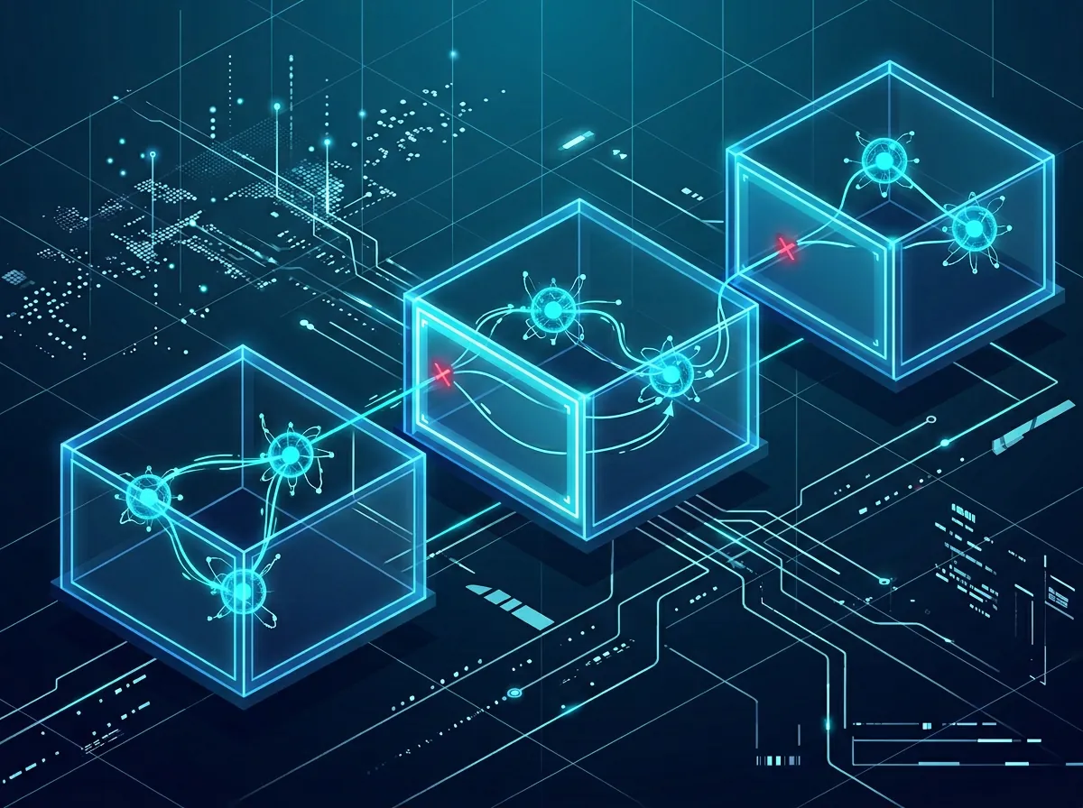 Illustrasjon av AI-agenter isolert i sandkasse-containere med lysende grenser og databevegelse mellom noder