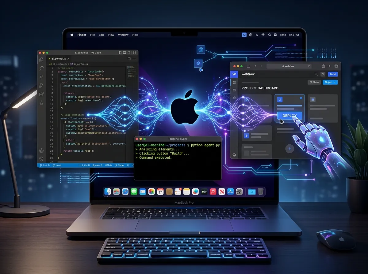 AI-agent kontrollerer Mac-apper autonomt med flere åpne vinduer og kode-editor i bakgrunnen