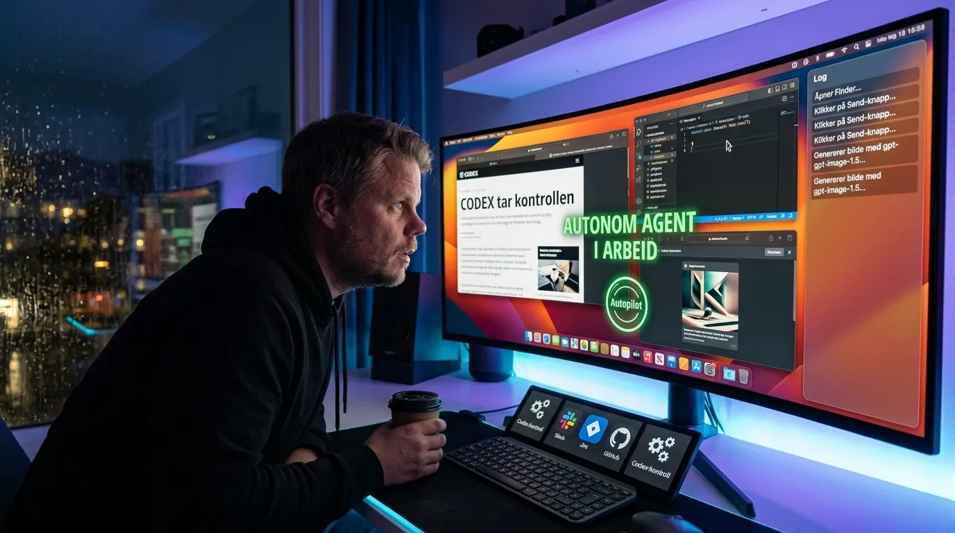 Jan Sverre ser på Mac-skjerm der OpenAI Codex kjører AI-agenter autonomt i bakgrunnen