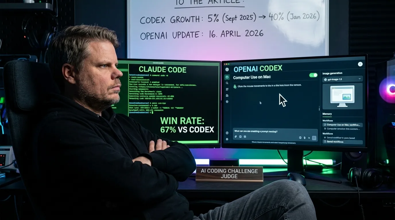 Jan Sverre sammenligner OpenAI Codex og Claude Code på to skjermer i mørkt kontorrom