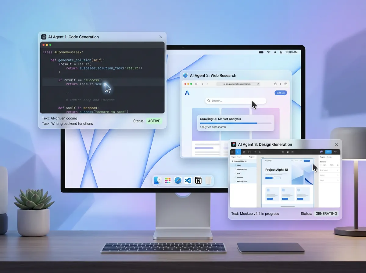 Illustrasjon av Codex computer use på Mac med flere autonome AI-agenter som jobber parallelt