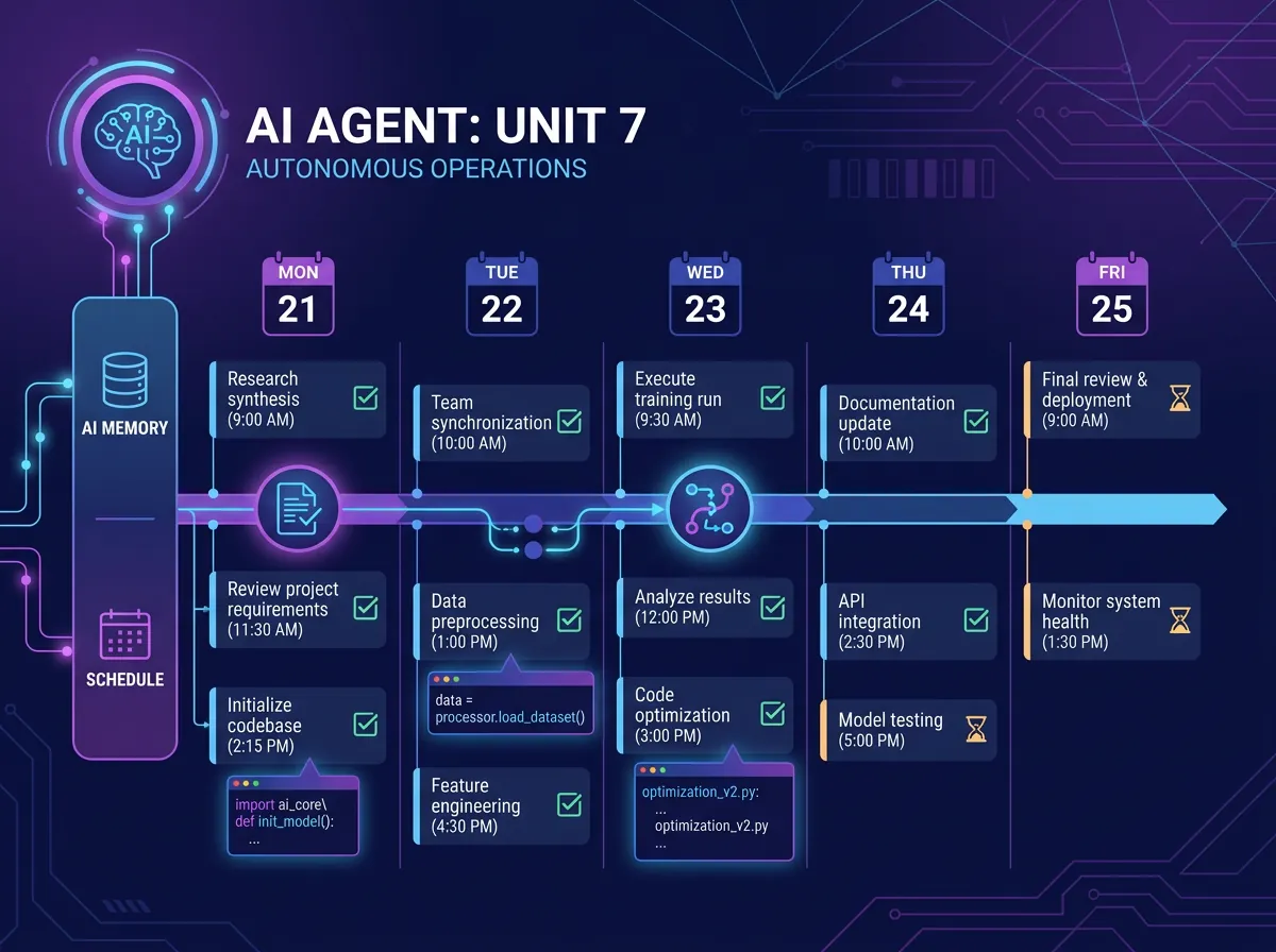 Illustrasjon av AI-agent med hukommelse og tidsplan som jobber autonomt over flere dager