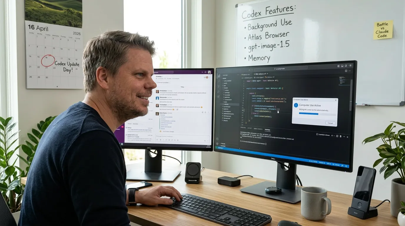 Jan Sverre følger med på to skjermer der OpenAI Codex-agenten skriver kode automatisk i bakgrunnen