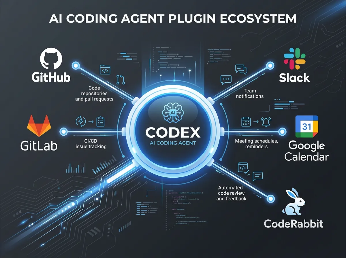 Infografisk oversikt over Codex plugin-økosystem med GitLab, Slack, CodeRabbit og Google Calendar