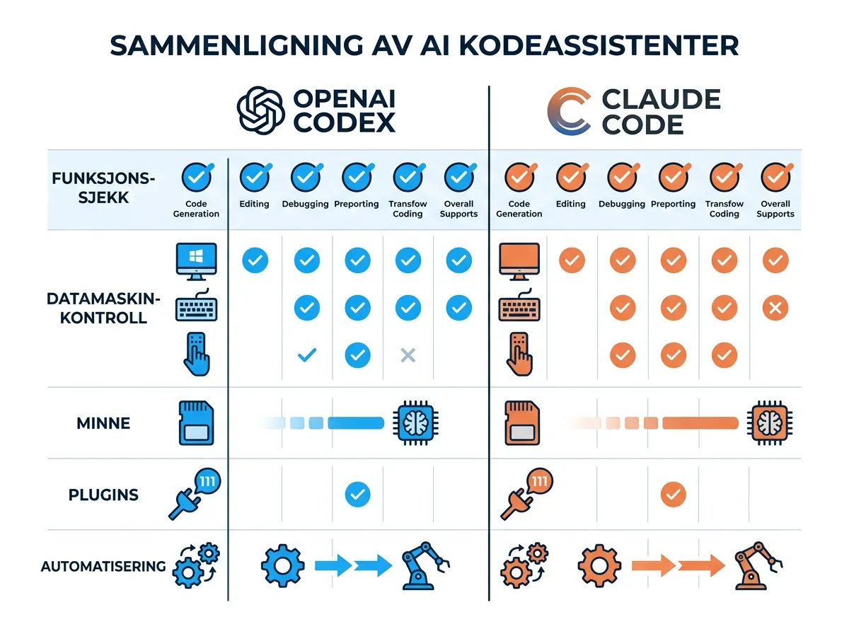 Sammenligning av OpenAI Codex og Claude Code funksjoner - datamaskin-kontroll, minne, plugins og automatisering