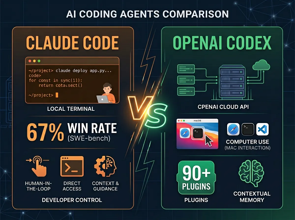 Infografikk som sammenligner Claude Code og OpenAI Codex med nøkkeltall og funksjoner
