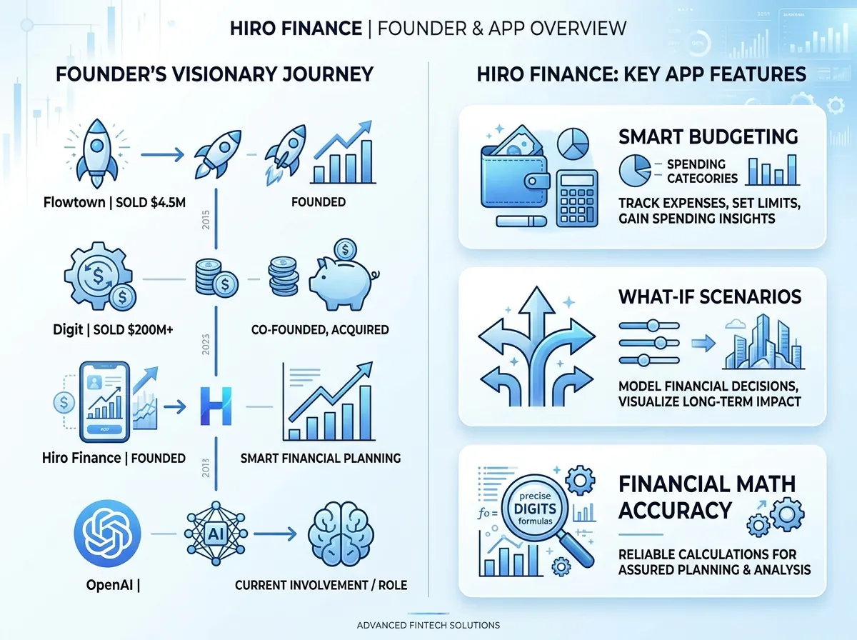 Infografik over Ethan Blochs karriere fra Flowtown via Digit til Hiro Finance og OpenAI