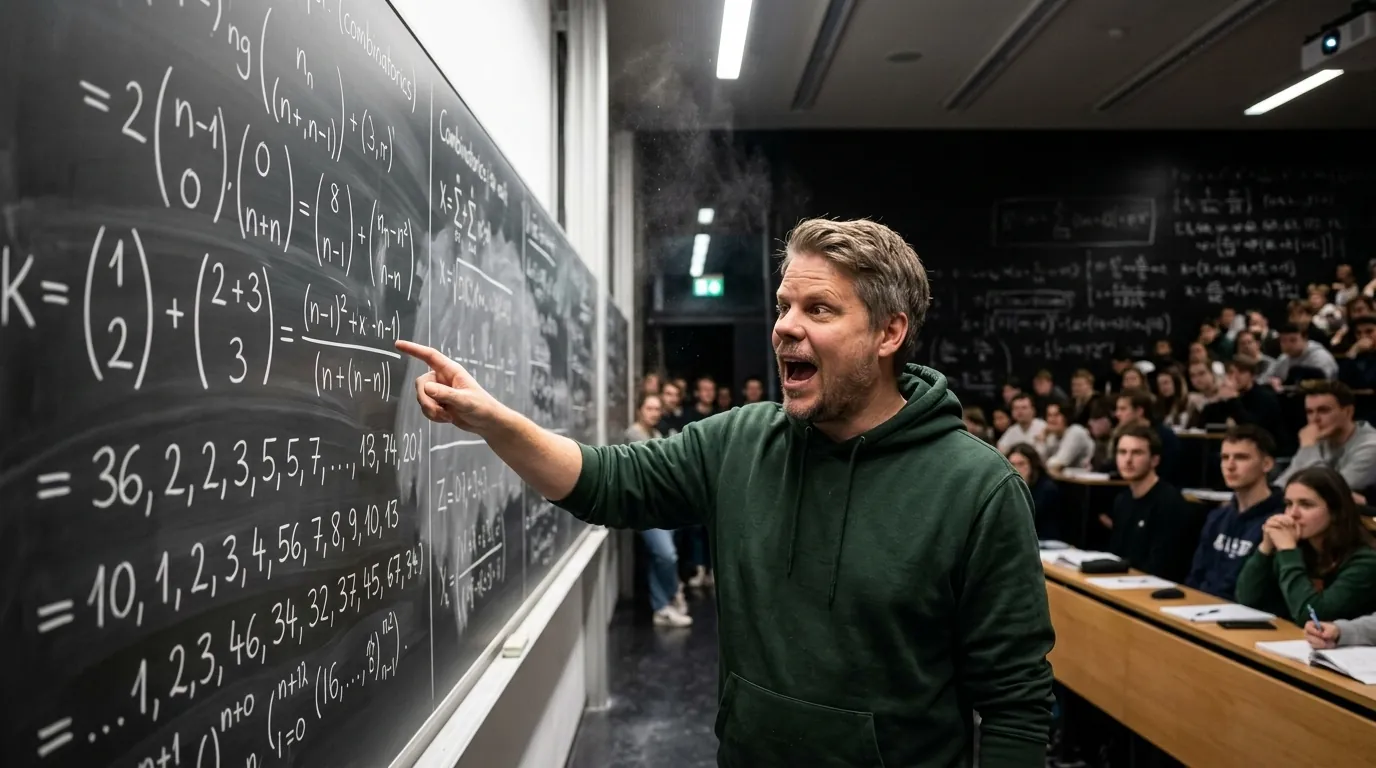Jan Sverre peker på matematiske ligninger på en stor tavle fylt med Erdős-kombinatorikk og primtallsbevis