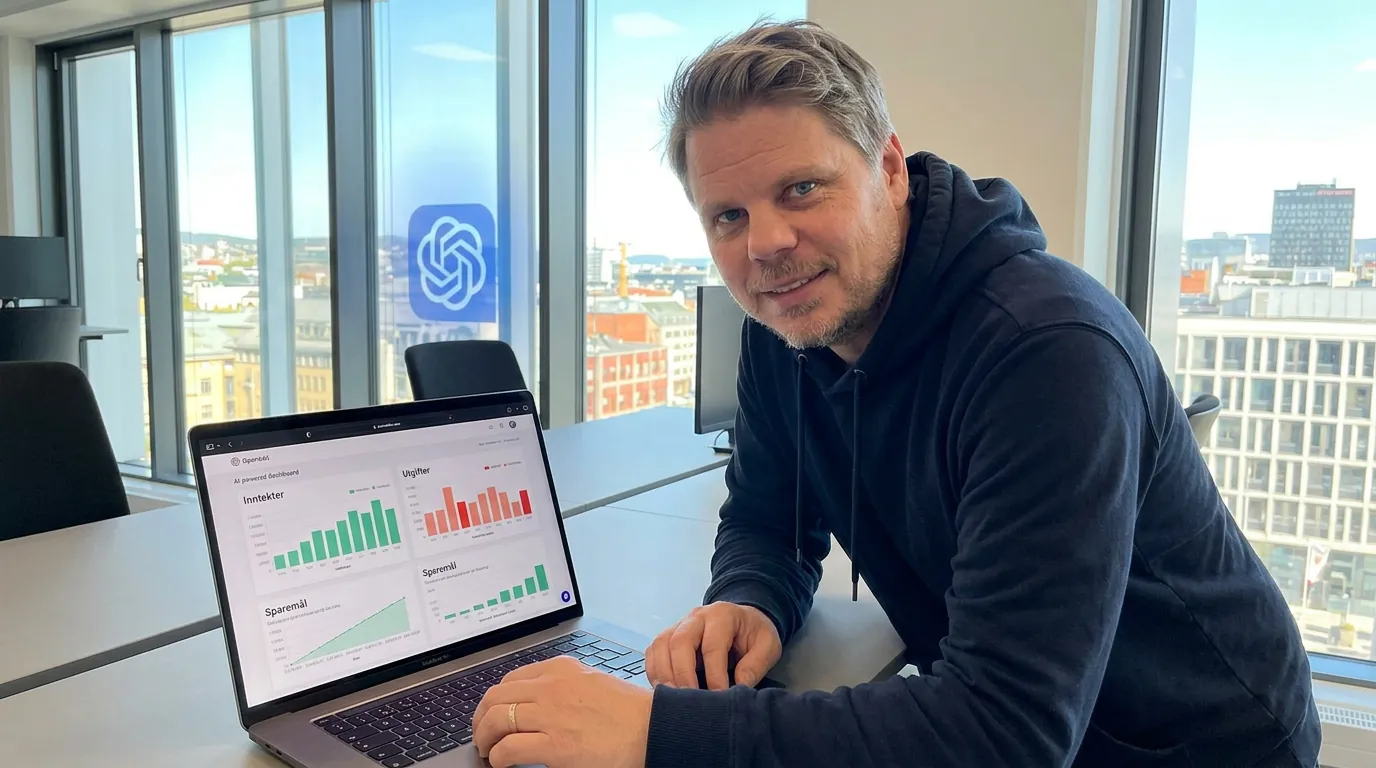 Jan Sverre ser på AI-finansdashboard på laptop etter OpenAIs oppkjøp av Hiro Finance