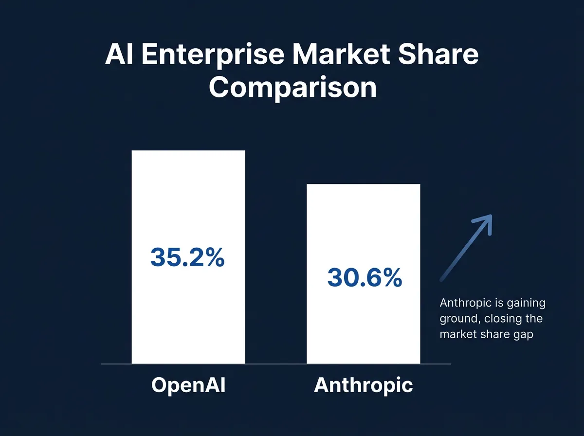 Infographic som viser markedsandeler i enterprise-AI: OpenAI 35,2% mot Anthropic 30,6%