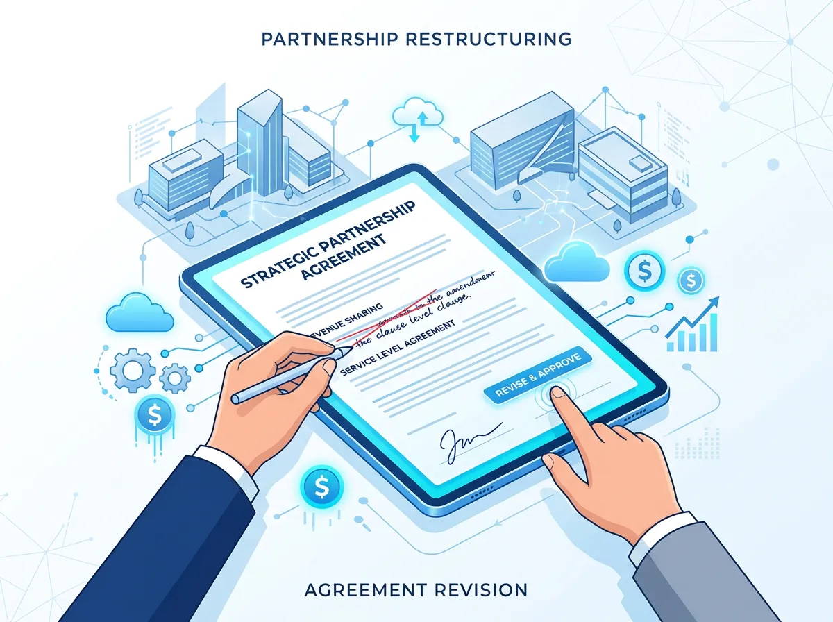 Illustrasjon av en revidert forretningsavtale mellom OpenAI og Microsoft med cloud-symboler og endrede betingelser