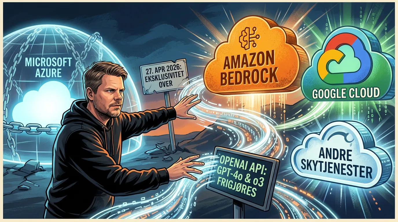 Mann i hettegenser ser på tre sky-plattformer - Azure, AWS og Google Cloud - som konkurrerer om OpenAI-modeller etter at eksklusiviteten er opphevet