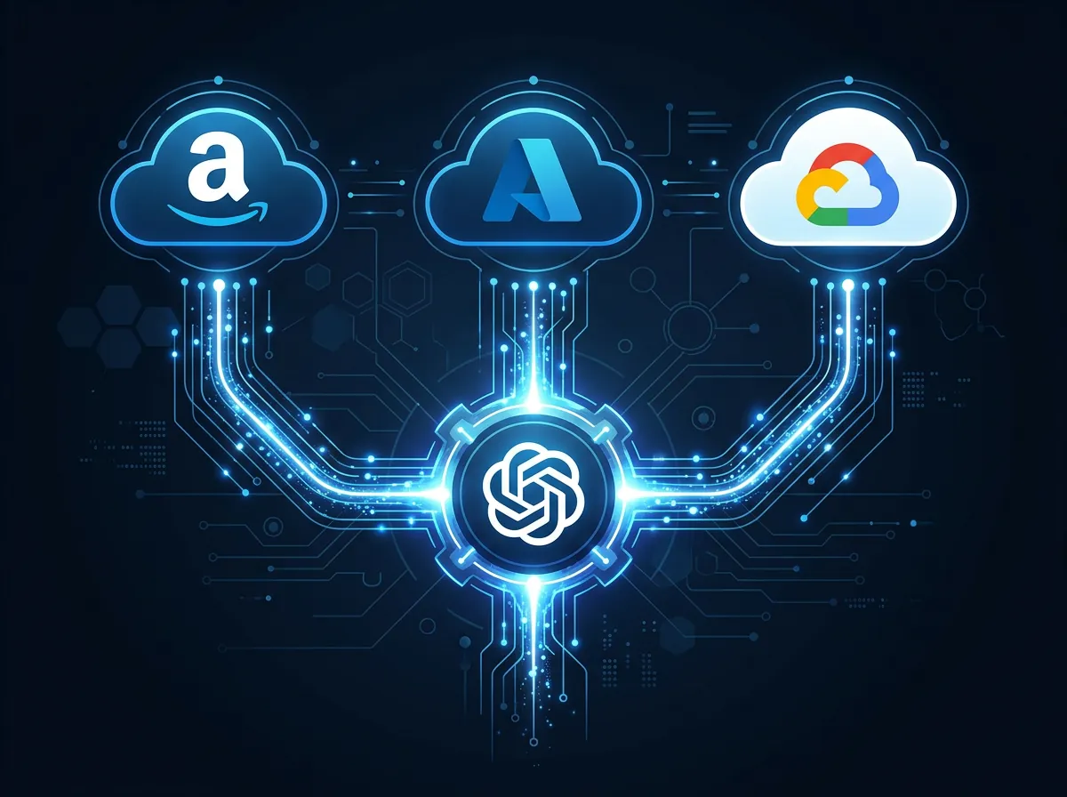 Infografikk som viser OpenAI koblet til Azure, Amazon Bedrock og Google Cloud som tre separate skyleverandører