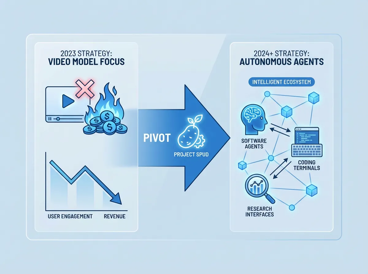 Infografikk som viser OpenAIs strategiske skifte fra Sora videogenerering til Spud AI-agenter