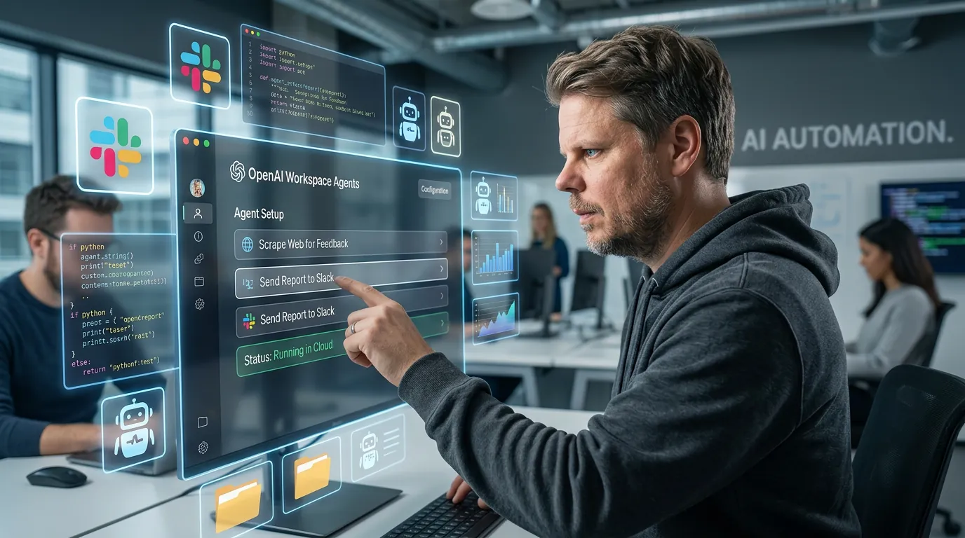 Mann i hettegenser setter opp en OpenAI workspace agent i ChatGPT med Slack-integrasjon og automatiserte arbeidsflyter på stor skjerm