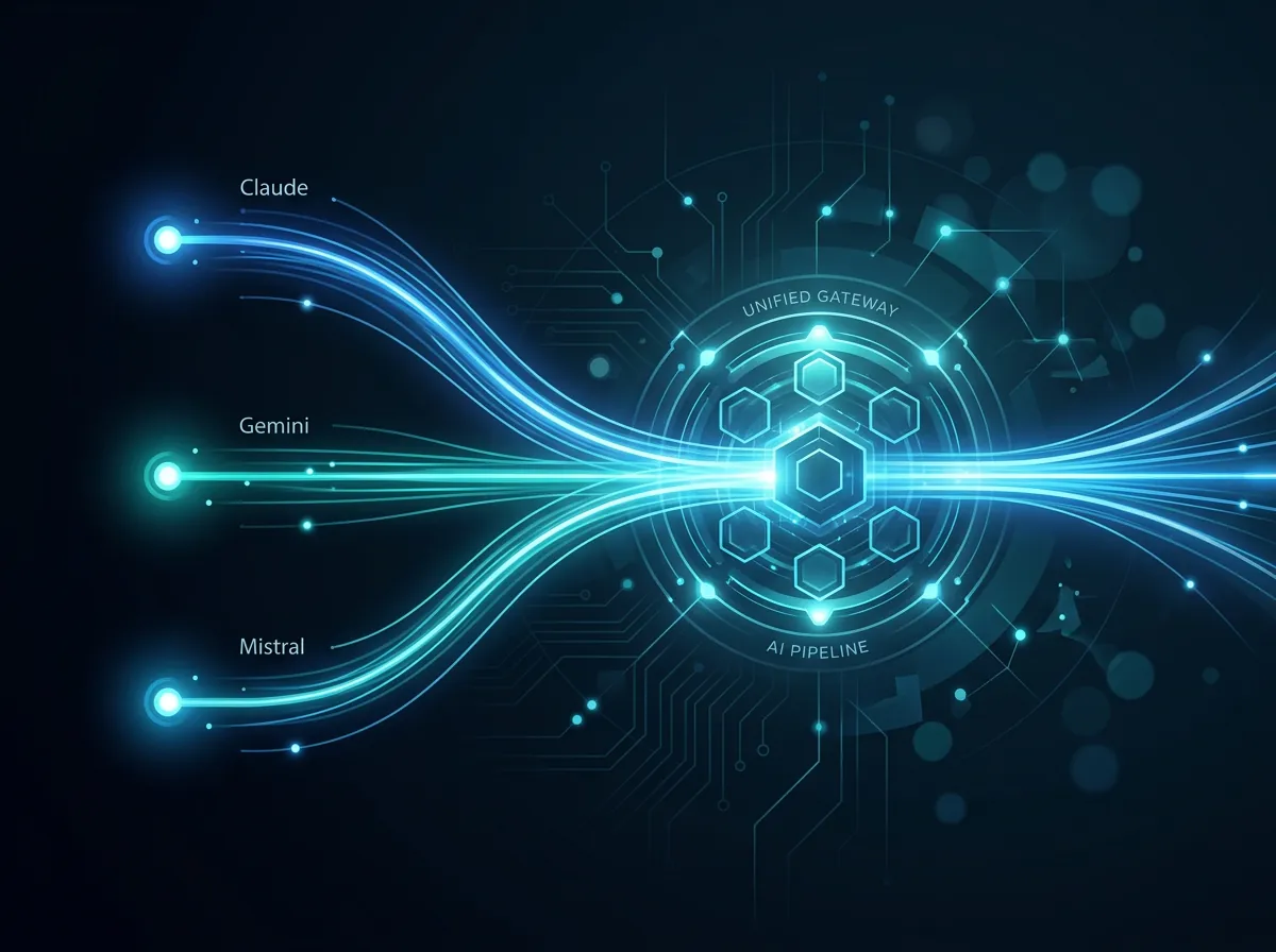 Illustrasjon av OpenRouter som samler Claude, Gemini og Mistral gjennom ett API-endepunkt