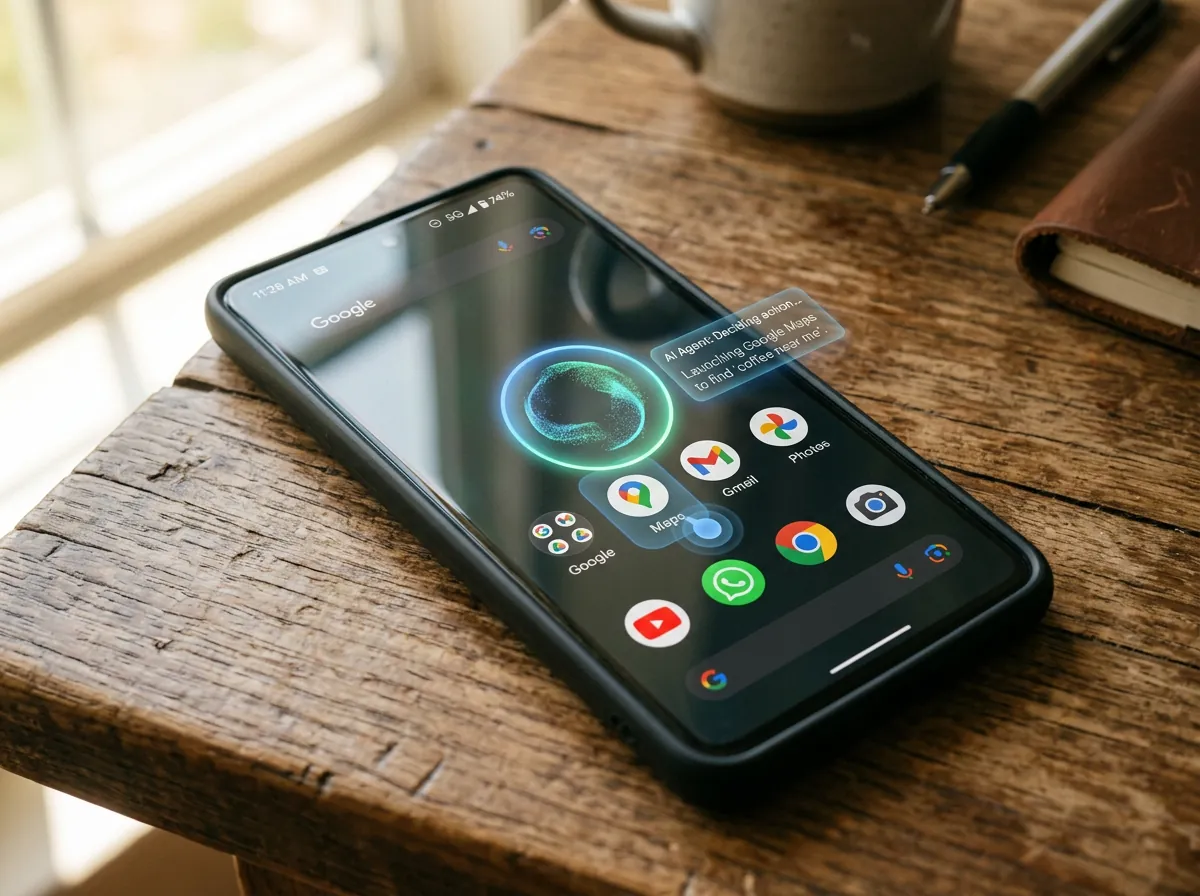 Android-telefonskjerm med AI-agent som viser tap-indikatorer og autonom appnavigering