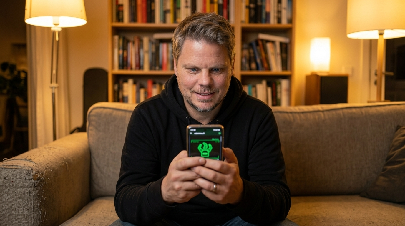 Mann holder Android-telefon mens PokeClaw AI-agent autonomt navigerer apper på skjermen