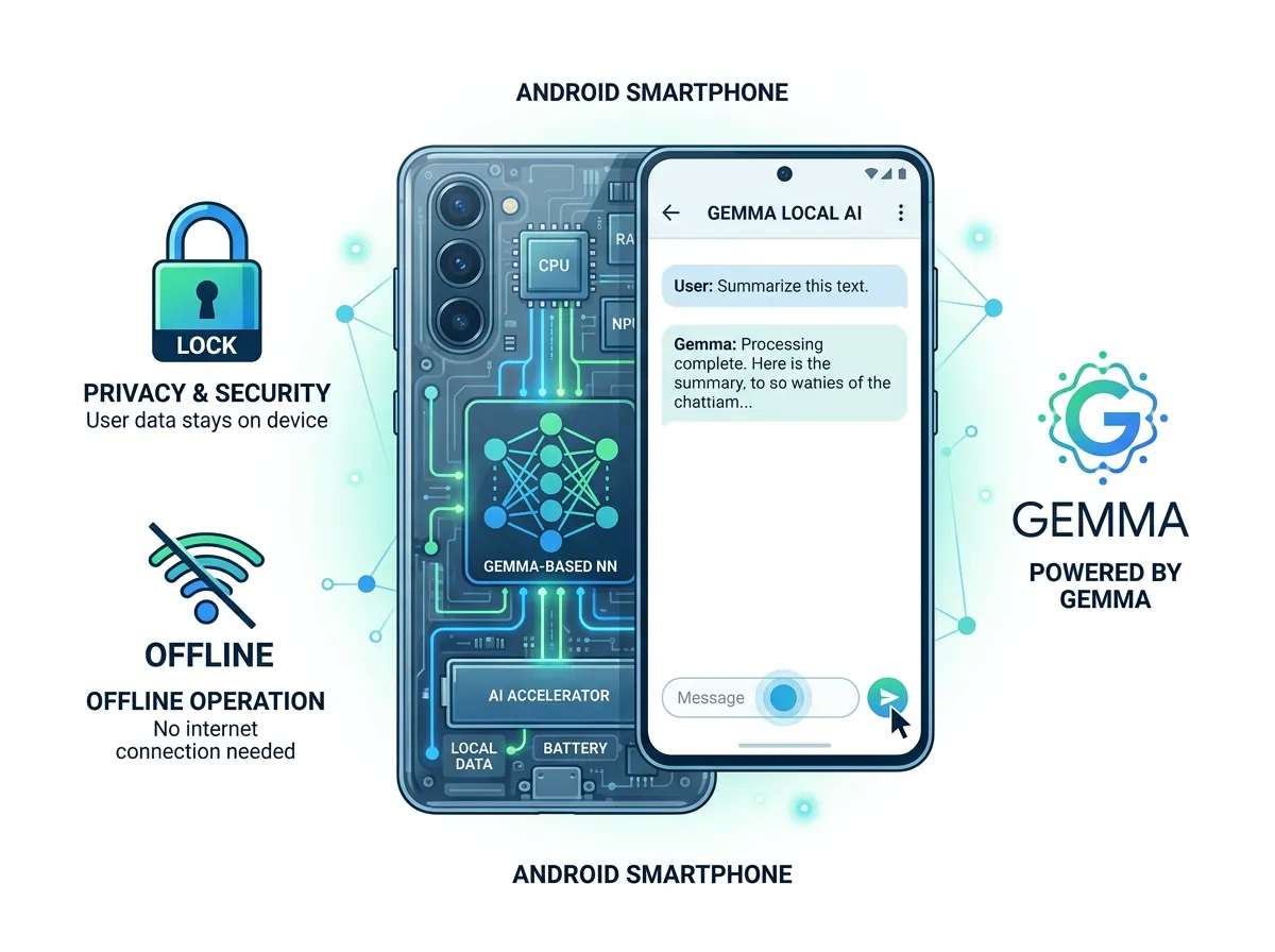 Illustrasjon av Android-telefon med lokal AI-modell inne i enheten, uten skytilkobling
