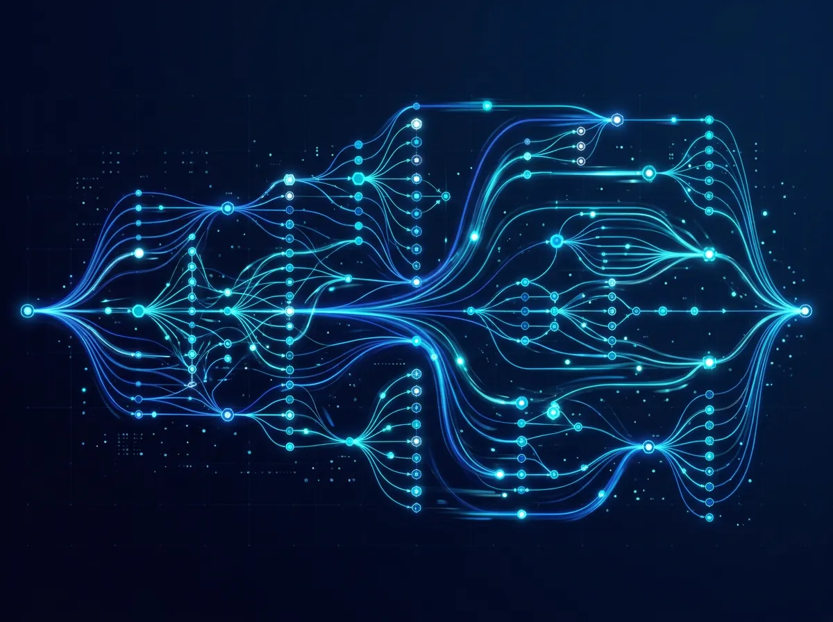 Abstrakt illustrasjon av agentic AI som arbeider gjennom en lang kjede av kodingsoppgaver via tilkoblede noder