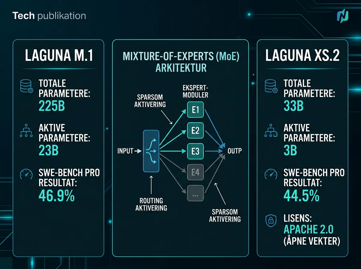 Infografikk som sammenligner Laguna M.1 og Laguna XS.2 sine spesifikasjoner og SWE-bench Pro resultater