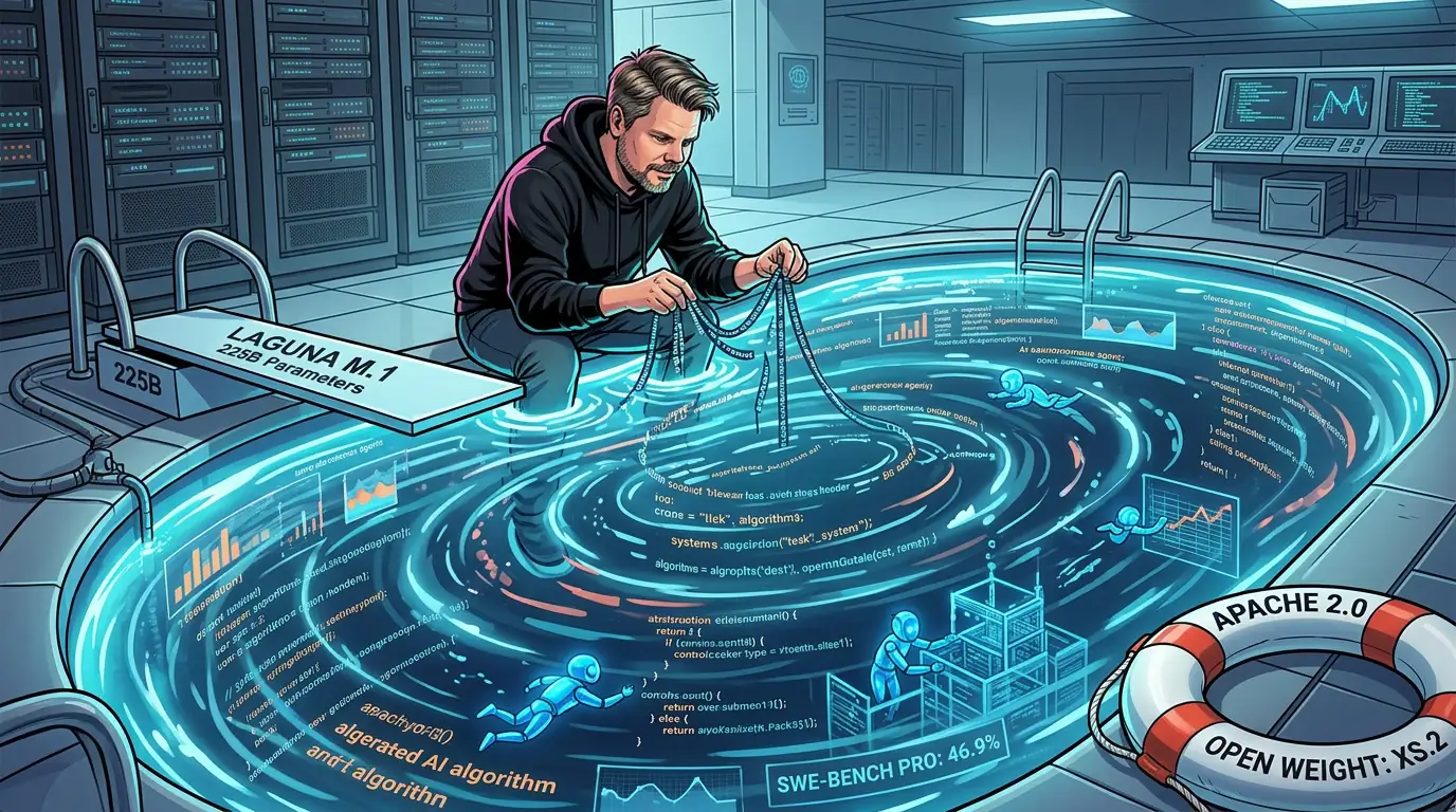 Mann som dykker ned i en digital pool av kode og AI-agenter - Poolside AI Laguna lansering