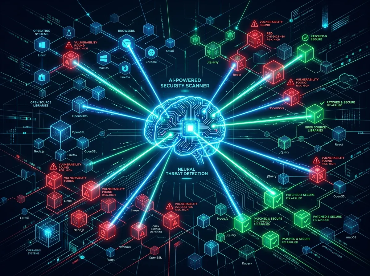 Illustrasjon av AI-drevet sikkerhetsscanning med digital hjerne som sender ut skanningsstråler mot kodebiblioteker og operativsystemer - røde noder markerer sårbarheter, grønne er patchet