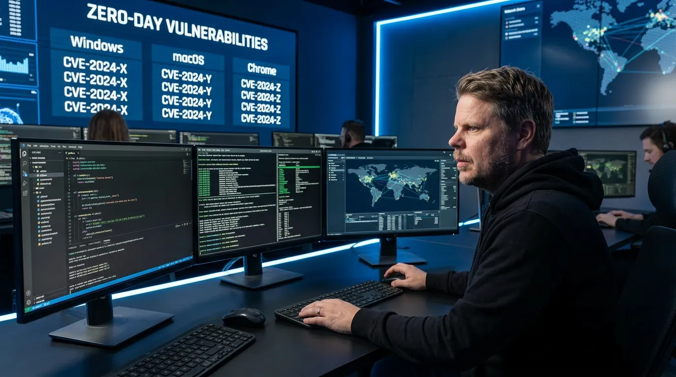 Jan Sverre analyserer Project Glasswing og Claude Mythos zero-day-sårbarheter i et moderne sikkerhetssenter med blå neonlys og skjermer fylt av kode