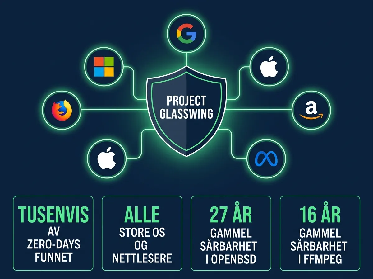 Infografikk over Project Glasswing med partnere som Apple, Google, Microsoft, Nvidia og zero-day statistikk fra Claude Mythos Preview