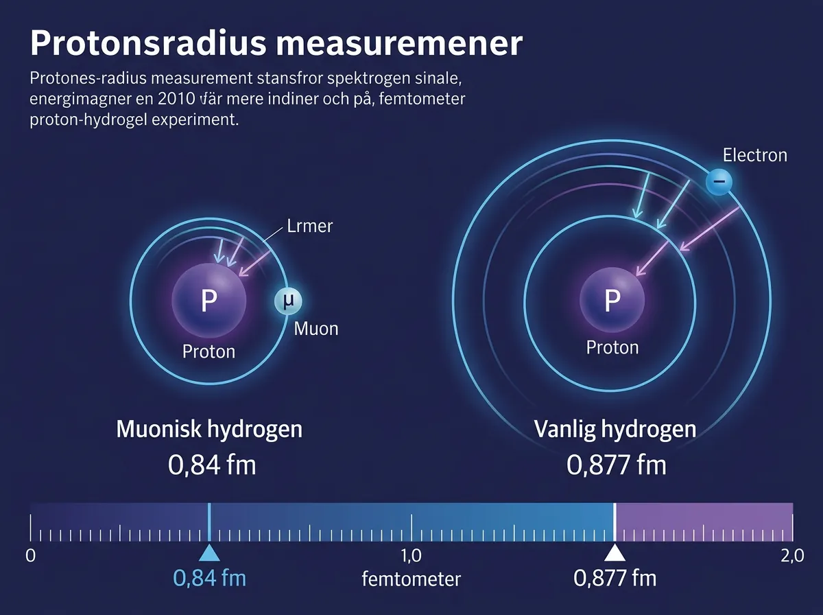 Infografikk som sammenligner protonradius-målinger fra muonisk hydrogen 0,84 fm og vanlig hydrogen 0,877 fm