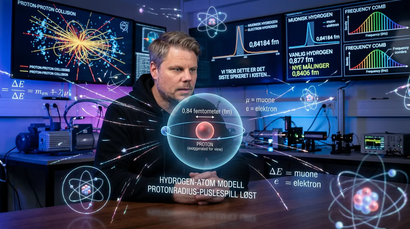 Jan Sverre studerer holografisk modell av hydrogenatom i kvantfysikklaboratorium med partikkelakselerator-visualiseringer i bakgrunnen