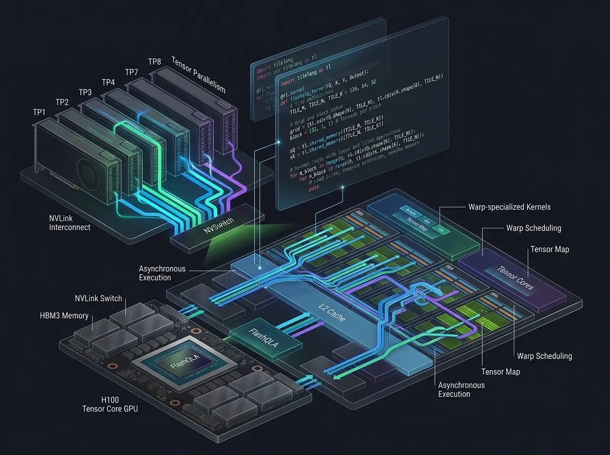 Illustrasjon av GPU-arkitektur med warp-spesialiserte kjerner og tensor-parallelisme for FlashQLA på NVIDIA Hopper