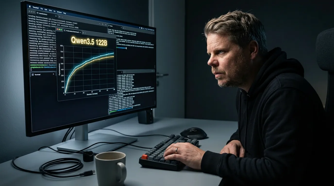 Jan Sverre studerer benchmark-resultater for Qwen3.5 122B lokal LLM på M5 Max terminal