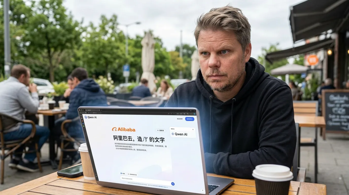 Jan Sverre studerer Qwen3.6-Plus på laptop med skeptisk blikk på Alibabas nye AI-modell