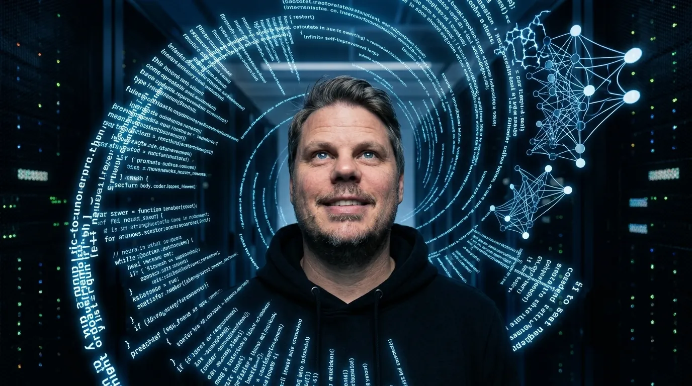 Jan Sverre står i et serverrom omgitt av rekursive kodestrømmer som symboliserer AI som forbedrer seg selv