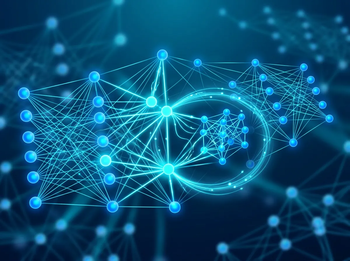 Abstrakt illustrasjon av et nevralt nettverk som omskriver sin egen arkitektur i sanntid - rekursiv selvforbedring i AI