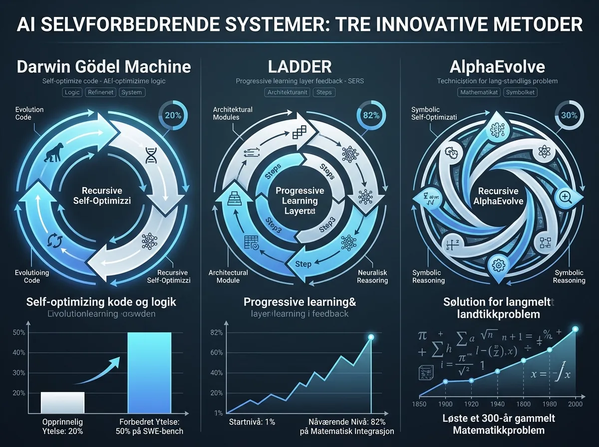 Infografikk som sammenligner Darwin Gödel Machine, LADDER og AlphaEvolve sine resultater på rekursiv selvforbedring