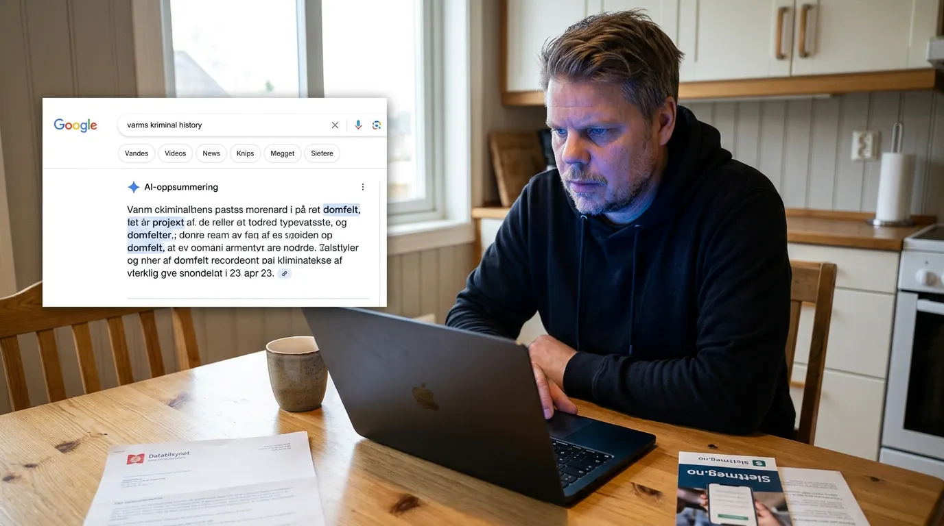 Mann ser bekymret på laptop der Google viser AI-oppsummering om hans kriminelle fortid