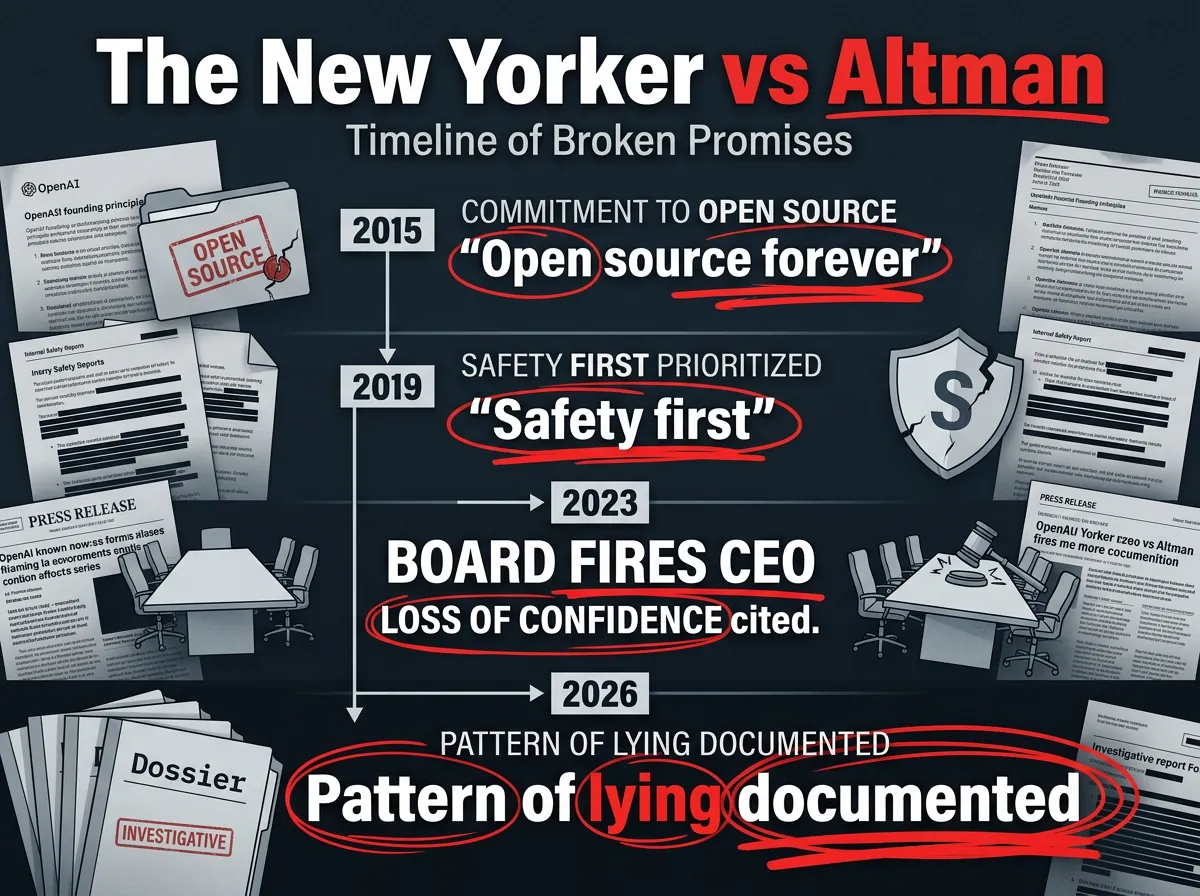 Tidslinje over Sam Altmans løftebrudd fra open source i 2015 til dokumentert løgnmønster i 2026