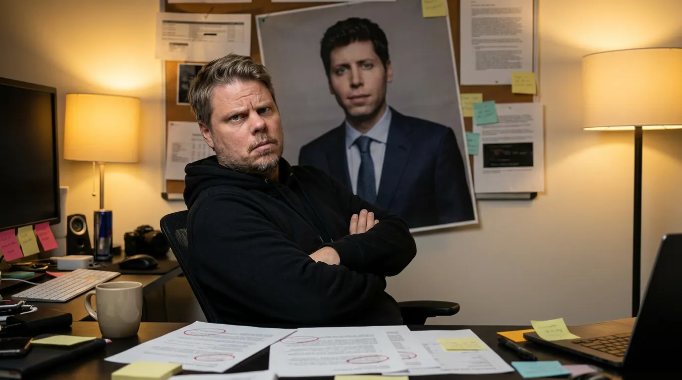 Jan Sverre med skeptisk blikk foran et skjevt portrett av Sam Altman på veggen